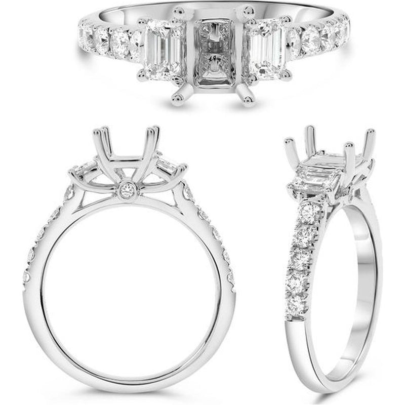 Roman & Jules - 14K White Gold Emerald Cut Diamond Ring with Round Accent Diamonds - 1.15 Carat Total Diamond Weight