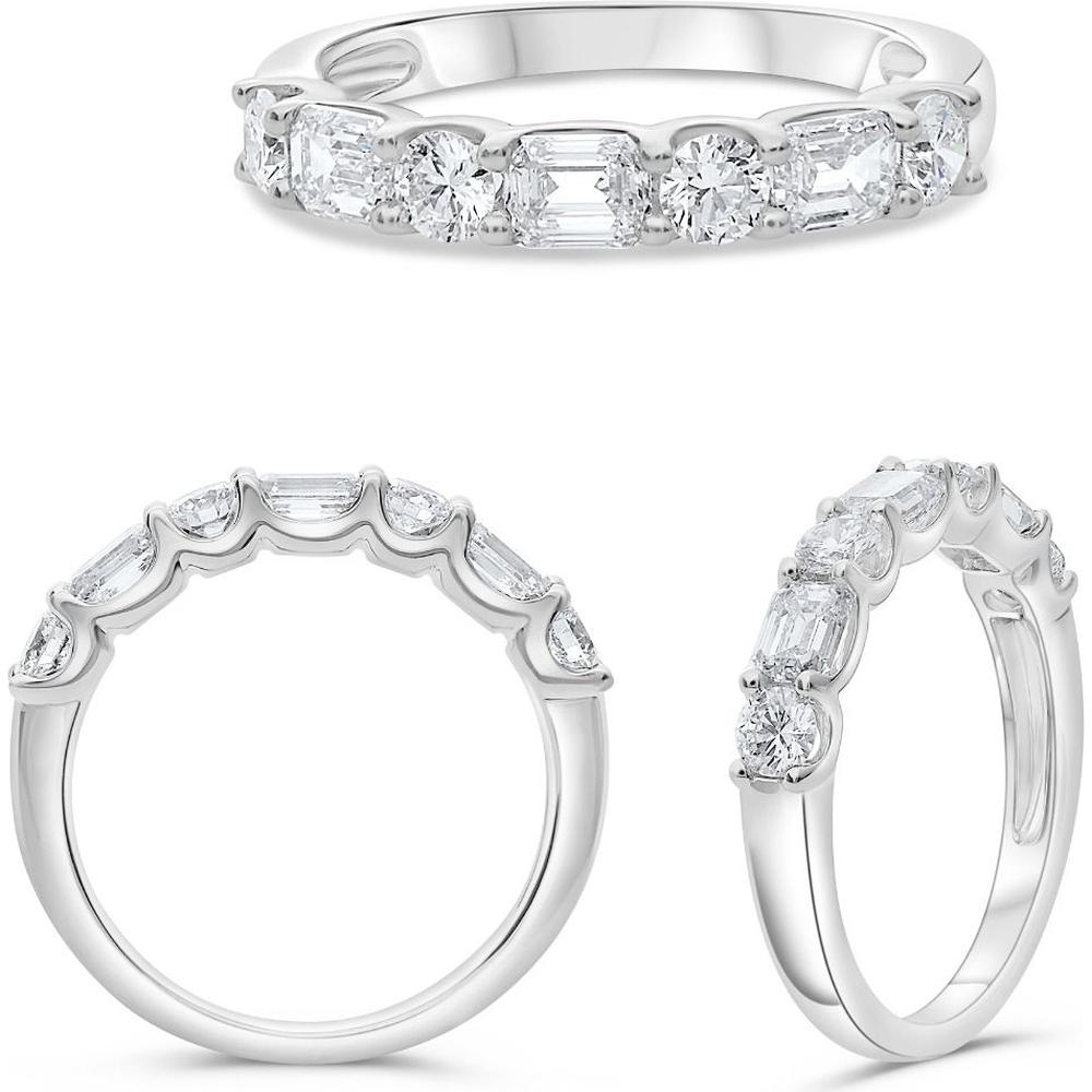 Roman & Jules - 14K White Gold Emerald Cut Diamond Ring with Round Diamonds - 1.30 Carat Total Diamond Weight