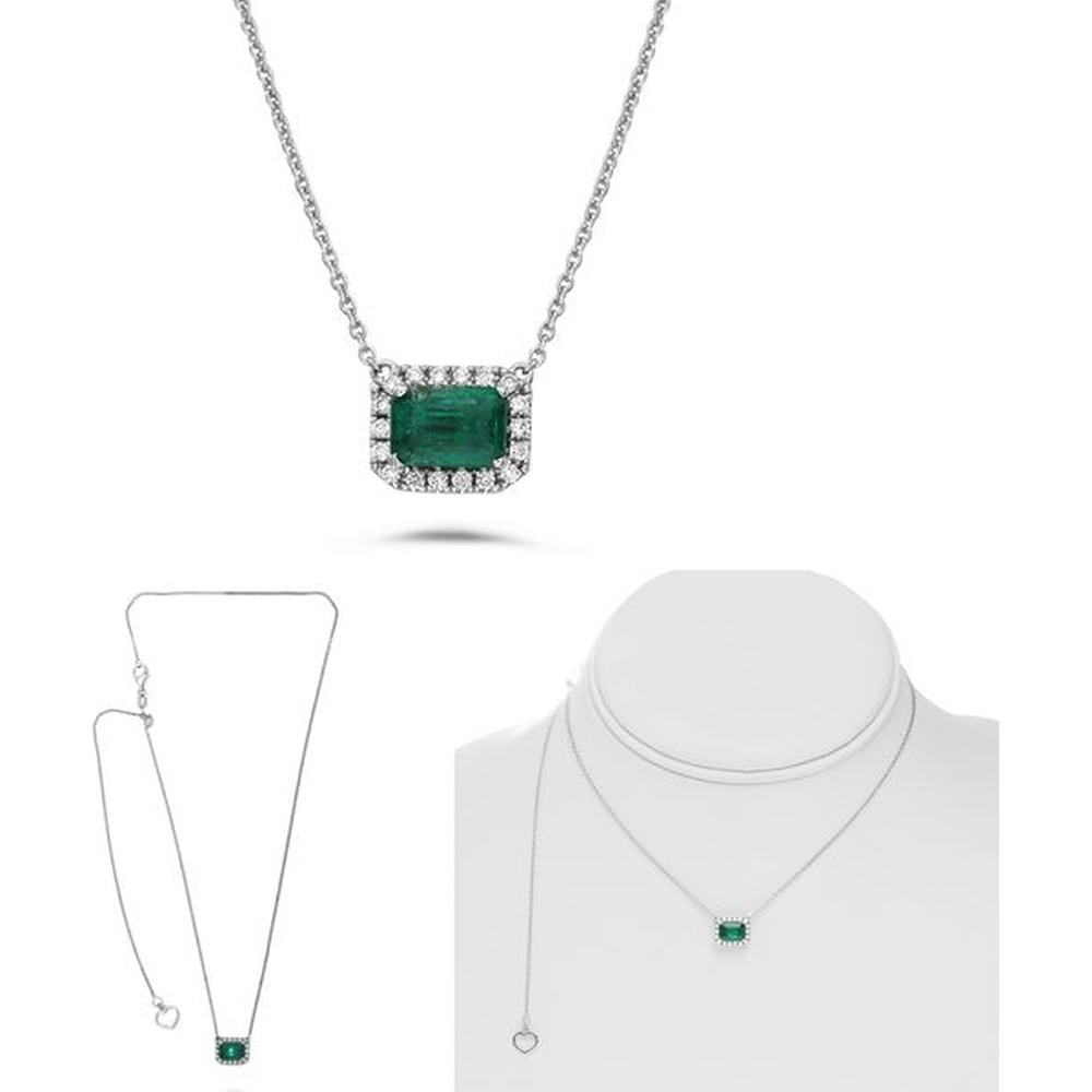 Roman & Jules - 14K White Gold Emerald Cut Emerald Necklace with Round Diamond Halo - 0.77 Carat Emerald, 0.15 Carat Round Diamond