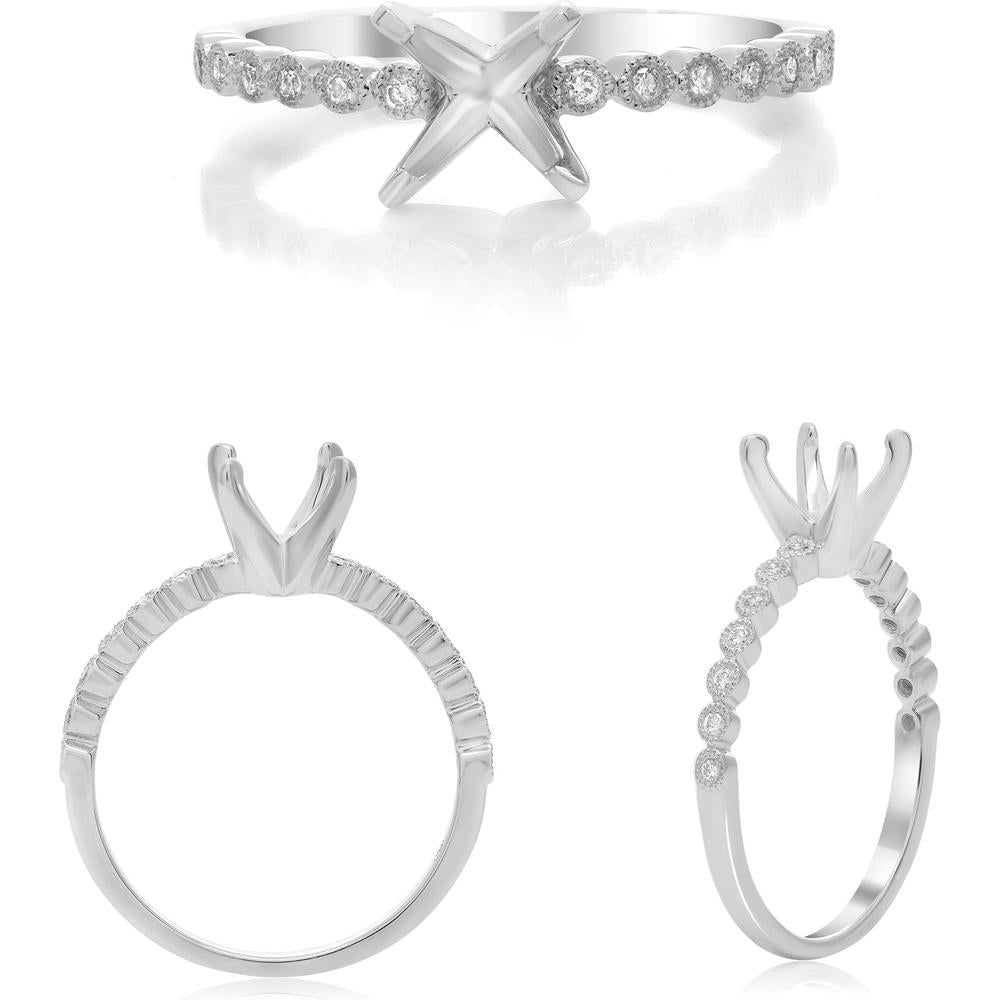 Roman & Jules - 14K White Gold Engagement Ring Setting with Round Diamond Accents and Milgrain Detail - 0.10 Carat Total Diamond Weight
