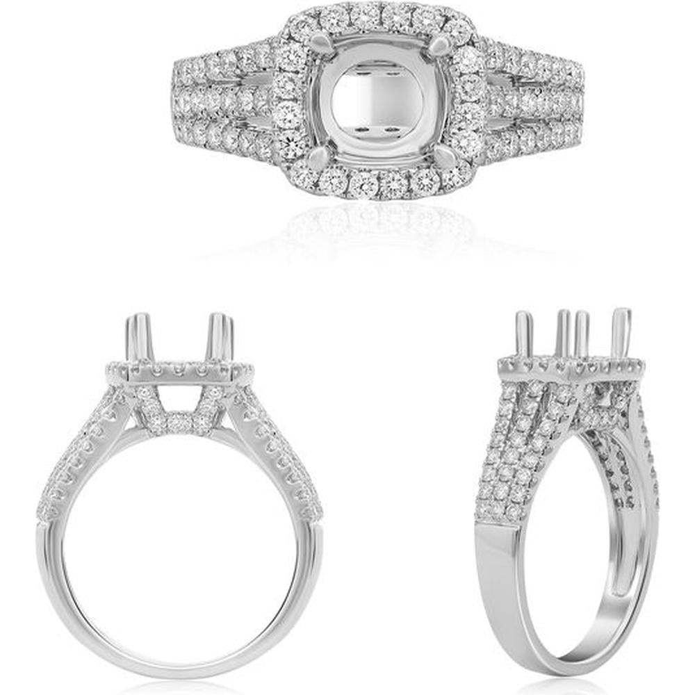 Roman & Jules - 14K White Gold Engagement Ring Setting with Round Halo and Triple Pave Shank - 0.64 Carat Total Diamond Weight