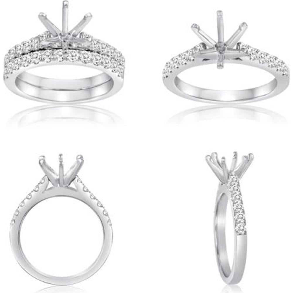 Roman & Jules - 14K White Gold Engagement Ring Setting with Six-Prong and Pave Round Diamonds - 0.49 Carat Total Diamond Weight