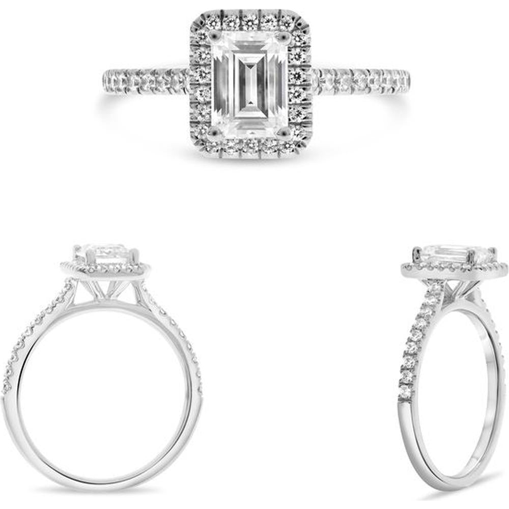 Roman & Jules - 14K White Gold Engagement Ring with Emerald-Cut Center Diamond and Halo of Round Diamonds - 0.27 Carat Total Diamond Weight