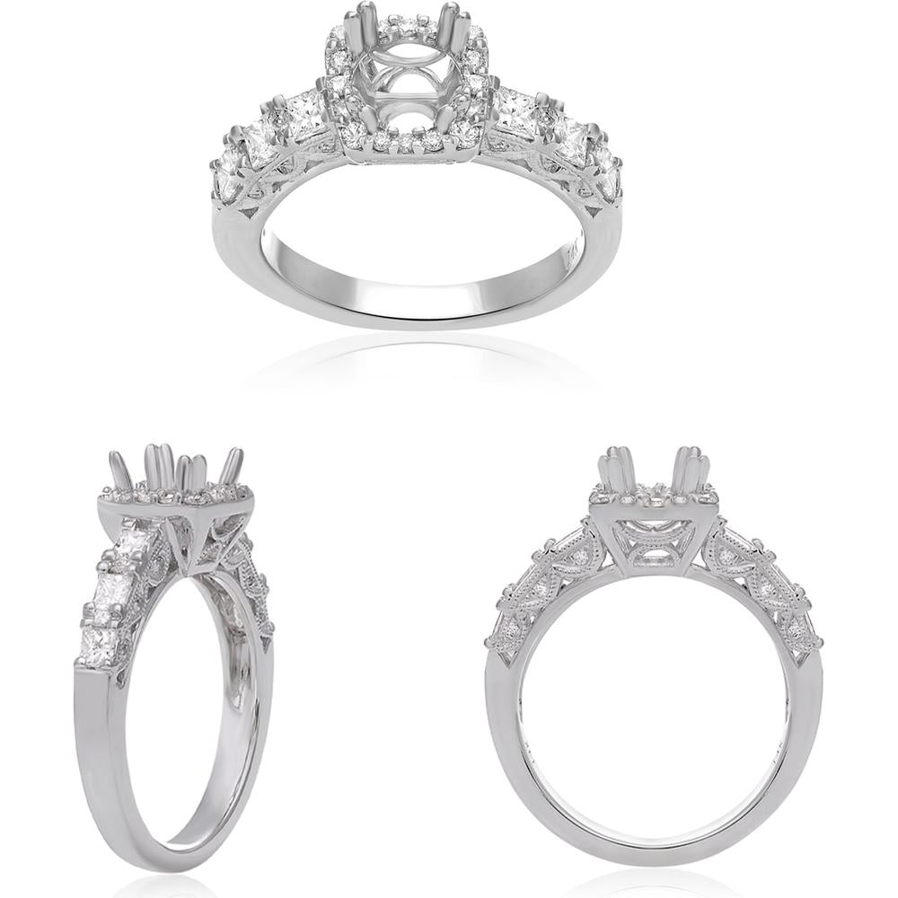 Roman & Jules - 14K White Gold Engagement Setting with 0.52 Carat Princess Cut Diamond Shank and 0.18 Carat Round Diamond Halo