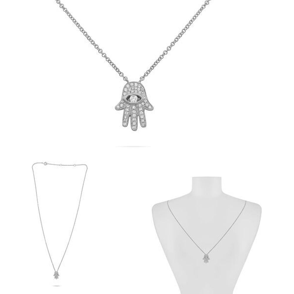 Roman & Jules - 14K White Gold Evil Eye Hamsa Diamond Amulet Necklace - 0.15 Carat Total Diamond Weight