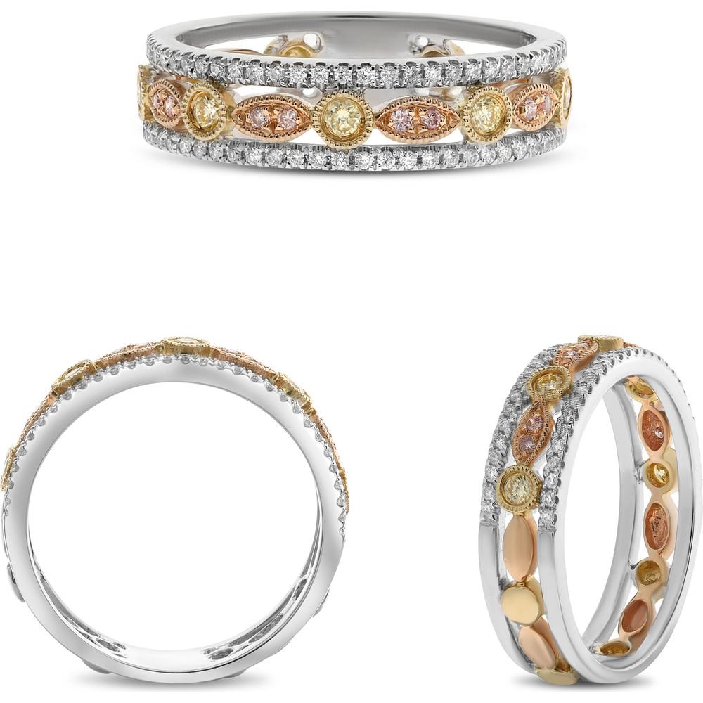 Roman & Jules - 14K White Gold Fancy Diamond Band Ring with Round Yellow and Pink Diamonds - 0.31 Carat Total Diamond Weight