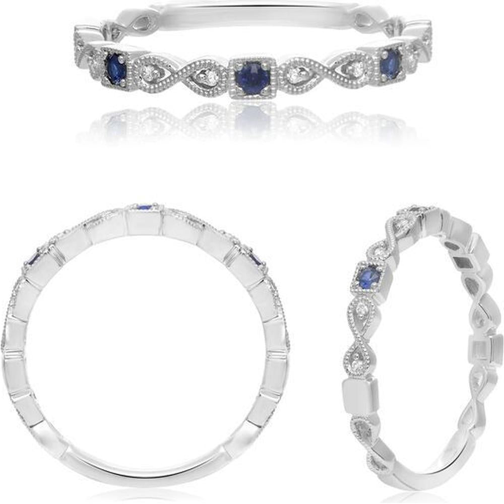 Roman & Jules - 14K White Gold Fashion Band with Prong Set Sapphires and Diamonds - 0.03 Carat Round Diamond, 0.08 Carat Sapphire