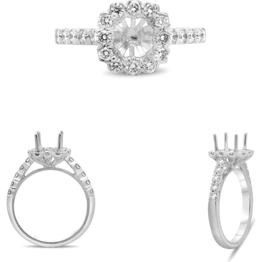 Roman & Jules - 14K White Gold Fishtail Halo Engagement Ring Setting with Round Diamonds - 0.72 Carat Total Diamond Weight