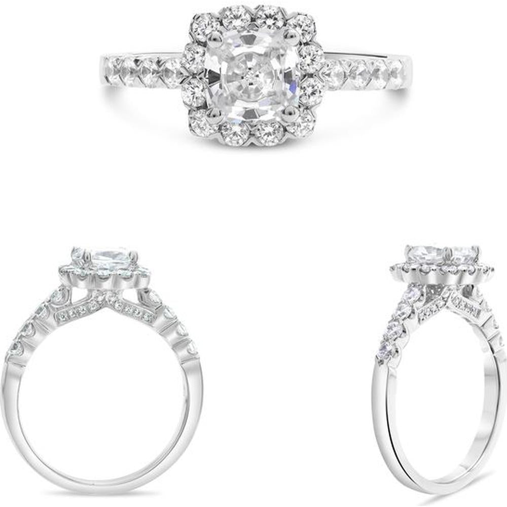 Roman & Jules - 14K White Gold Fishtail Halo Engagement Ring with Round Diamond Accents - 0.66 Carat Total Diamond Weight