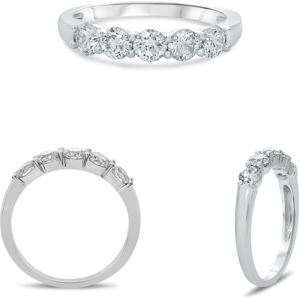 Roman & Jules - 14K White Gold Five Stone Diamond Band with Shared Prong Set Round Diamonds - 1.27 Carat Total Diamond Weight