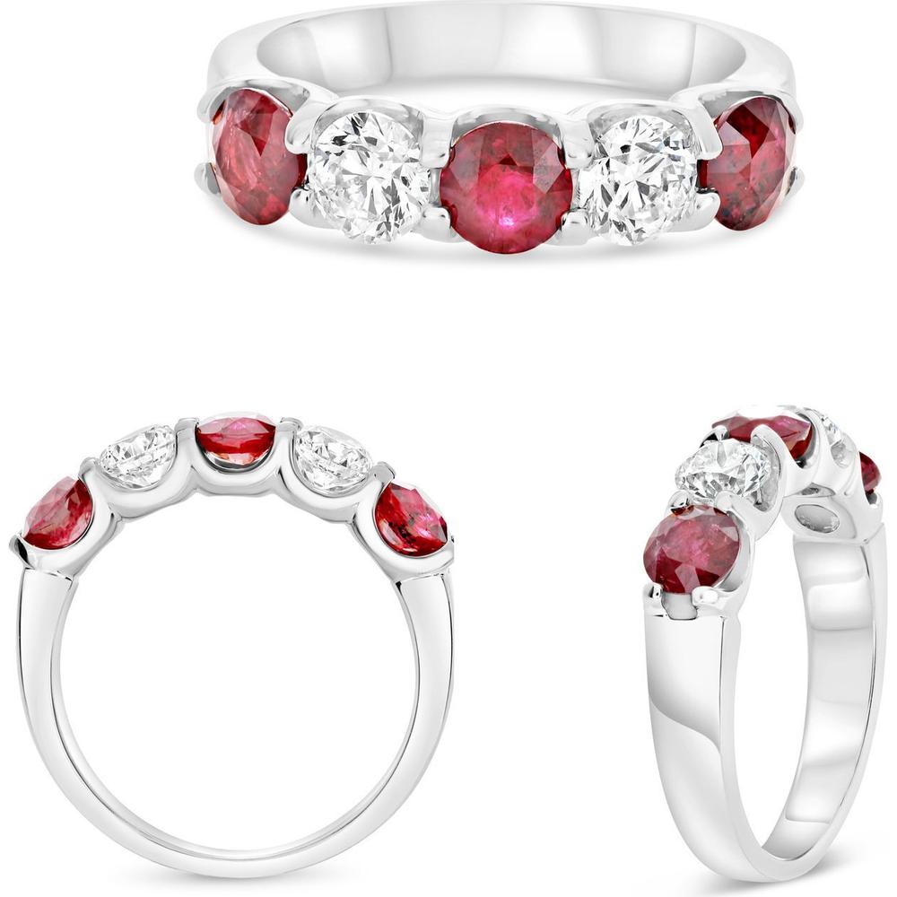 Roman & Jules - 14K White Gold Five-Stone Ruby and Diamond Wedding Band - 0.80 Carat Total Diamond Weight