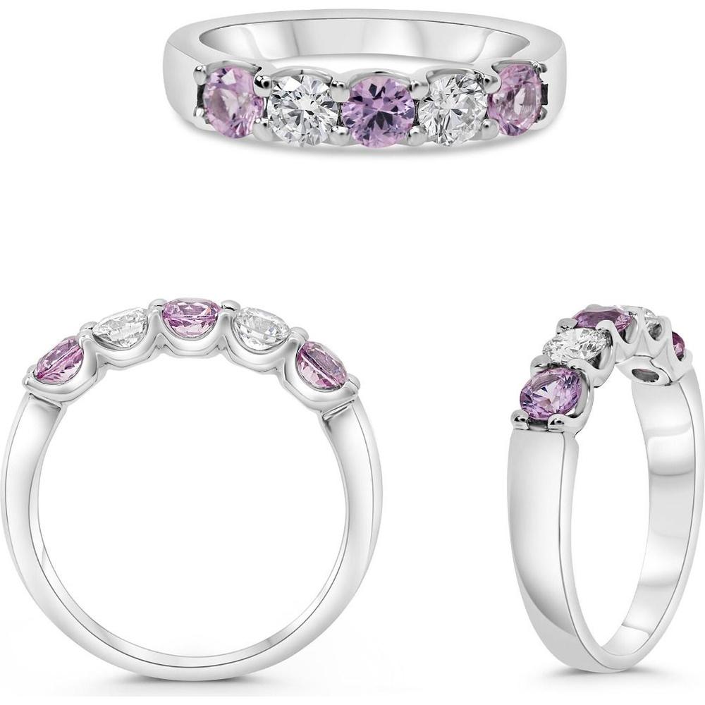 Roman & Jules - 14K White Gold Five-Stone Wedding Band with Pink Sapphire and White Diamond - 0.40 Carat Total Diamond Weight