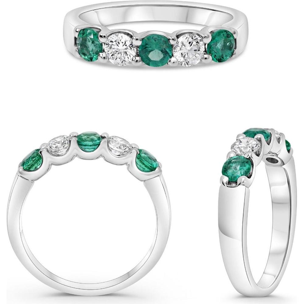 Roman & Jules - 14K White Gold Five-Stone Wedding Band with Round Emerald and Diamond - 0.60 Carat Emerald, 0.40 Carat Total Diamond Weight