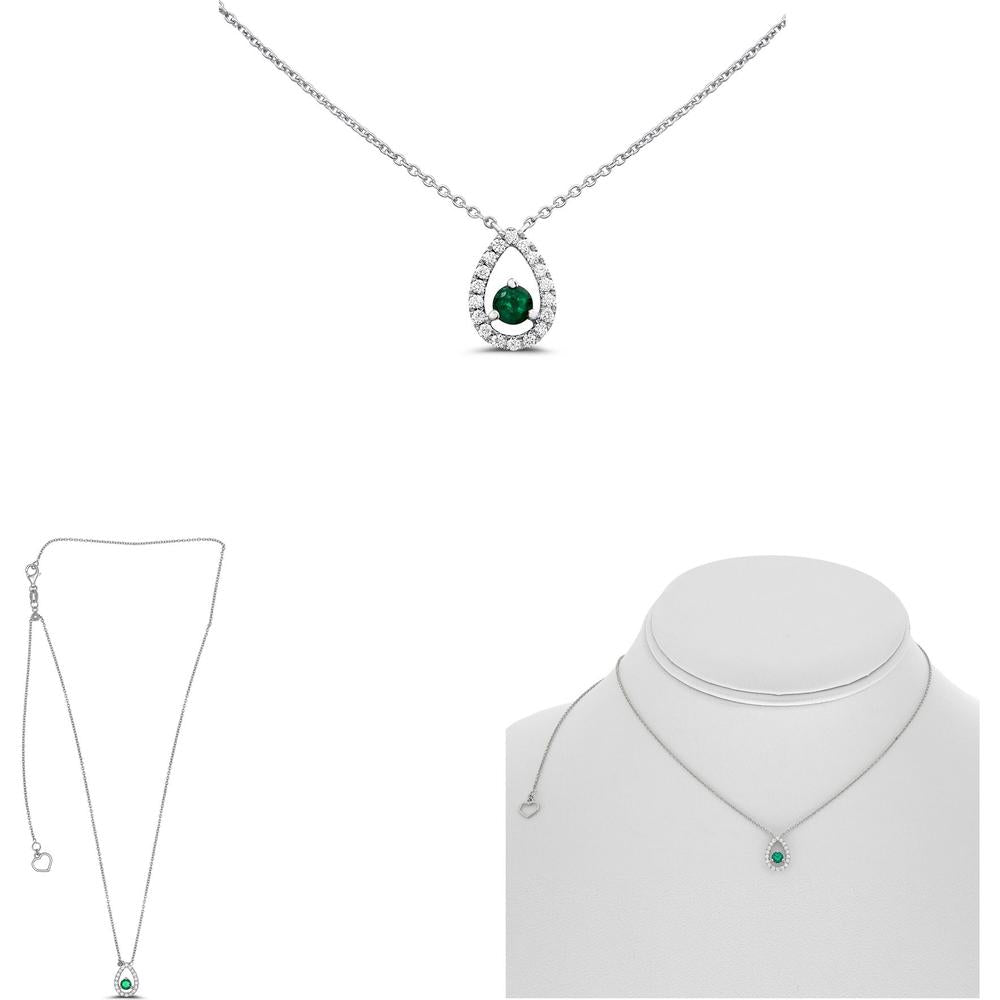 Roman & Jules - 14K White Gold Floating Emerald Necklace with Halo of Round Diamonds - 0.19 Carat Emerald, 0.13 Carat Diamonds