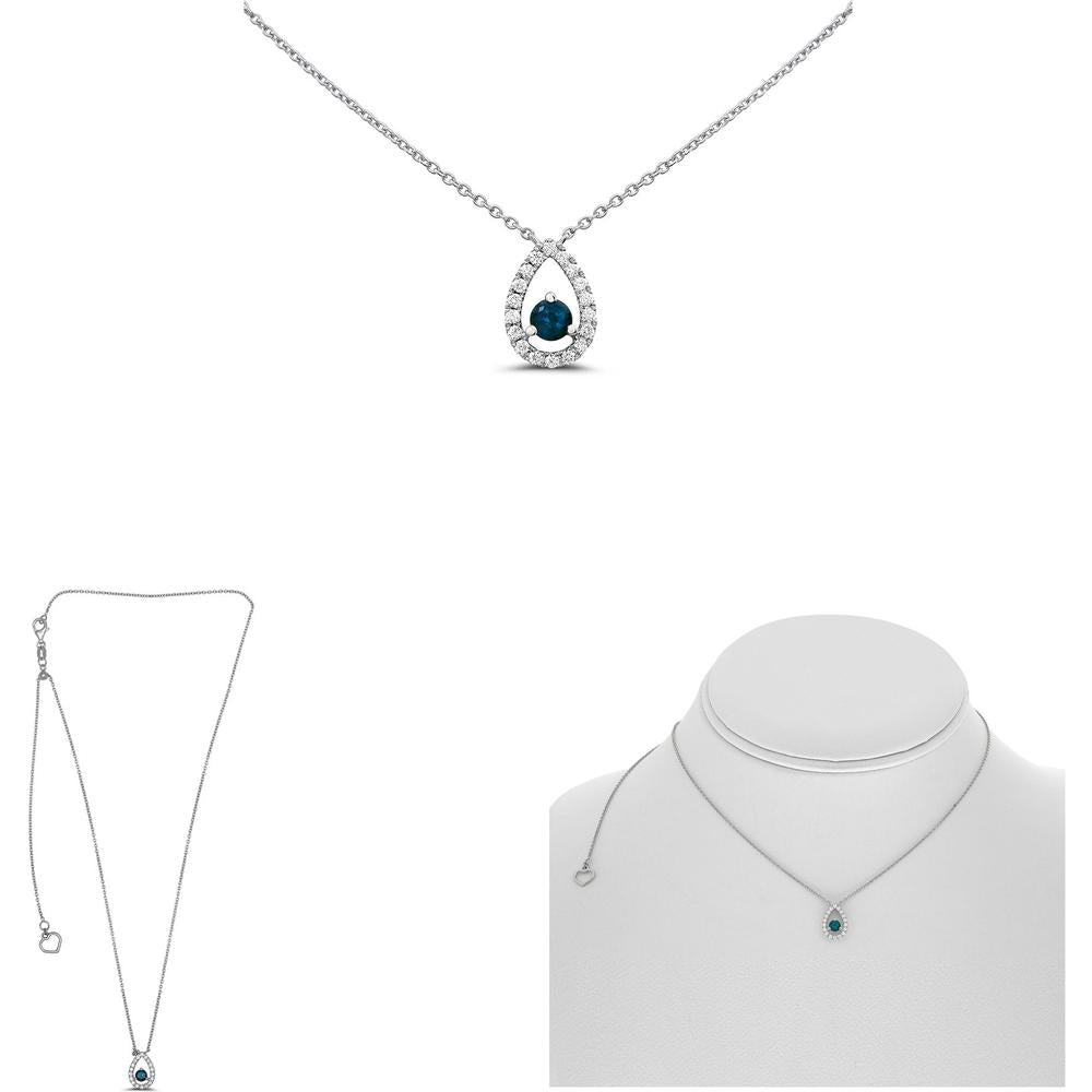 Roman & Jules - 14K White Gold Floating Sapphire Necklace with Halo Round Diamonds - 0.33 Carat Total Diamond Weight