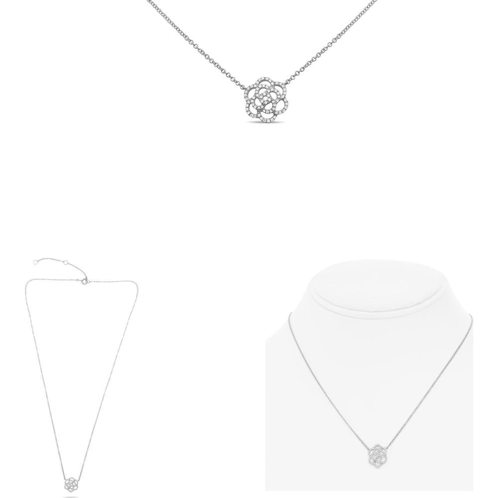 Roman & Jules - 14K White Gold Flower Necklace with Round Diamonds - 0.14 Carat Total Diamond Weight