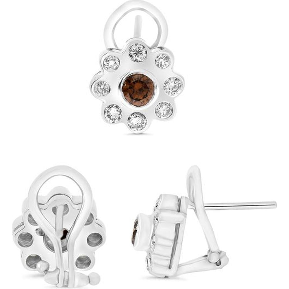 Roman & Jules - 14K White Gold Flower Stud Earrings with 0.69 Carat Total Diamond Weight and 0.52 Carat Champagne Diamond Center