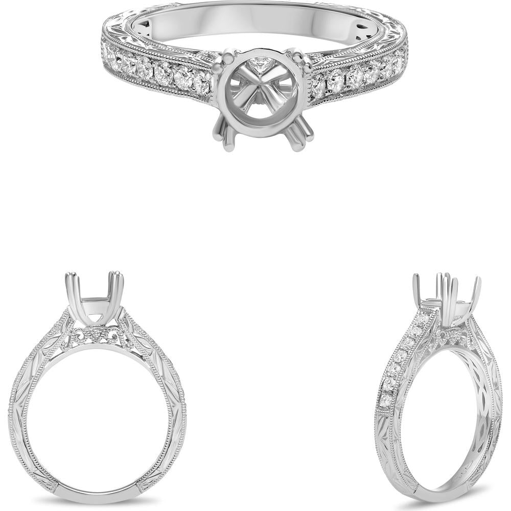 Roman & Jules - 14K White Gold Four Prong Engagement Ring with 0.33 Carat Round Diamonds and Milgrain Detail