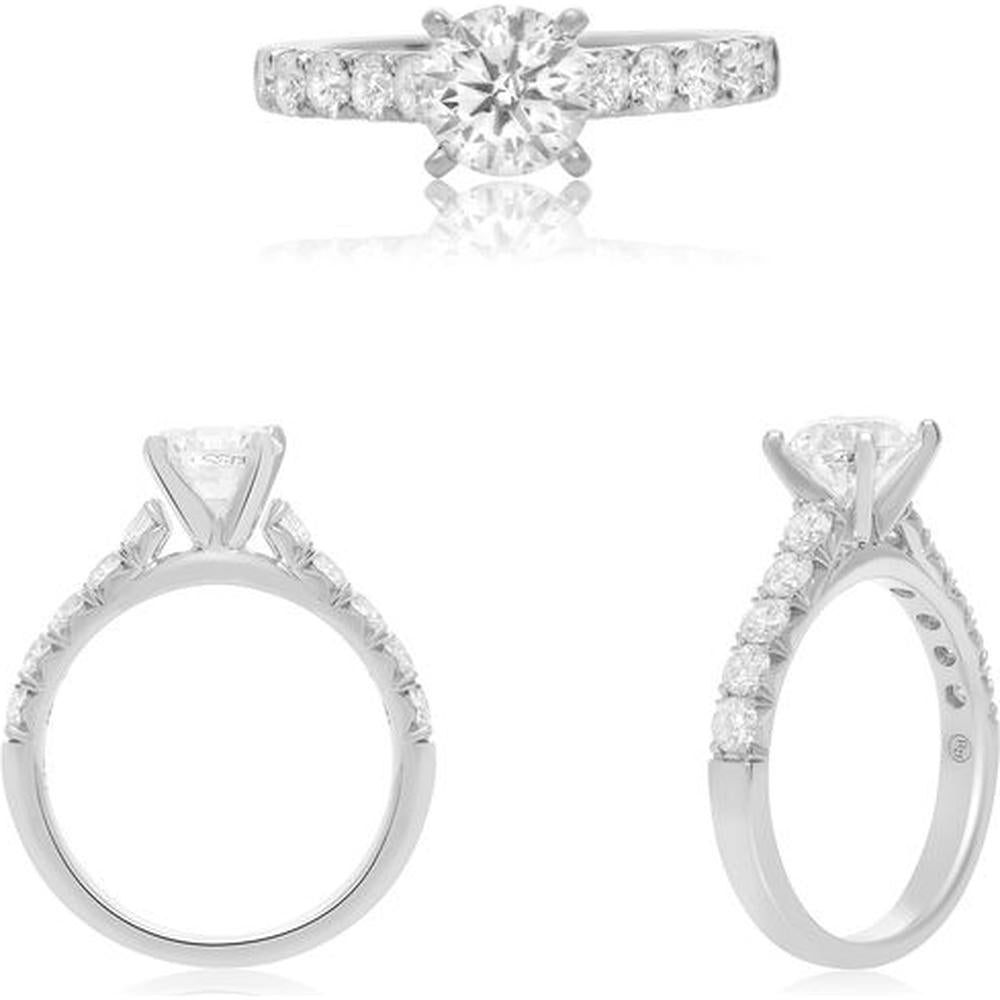 Roman & Jules - 14K White Gold Four Prong Engagement Ring with 2 Carat Round Center Diamond and French Pave Accent