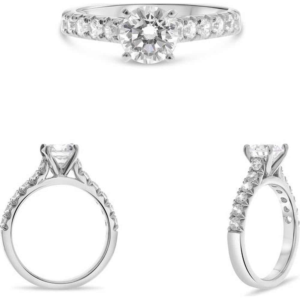 Roman & Jules - 14K White Gold Four Prong Engagement Setting with 0.54 Carat Round Diamonds and French Pave Band