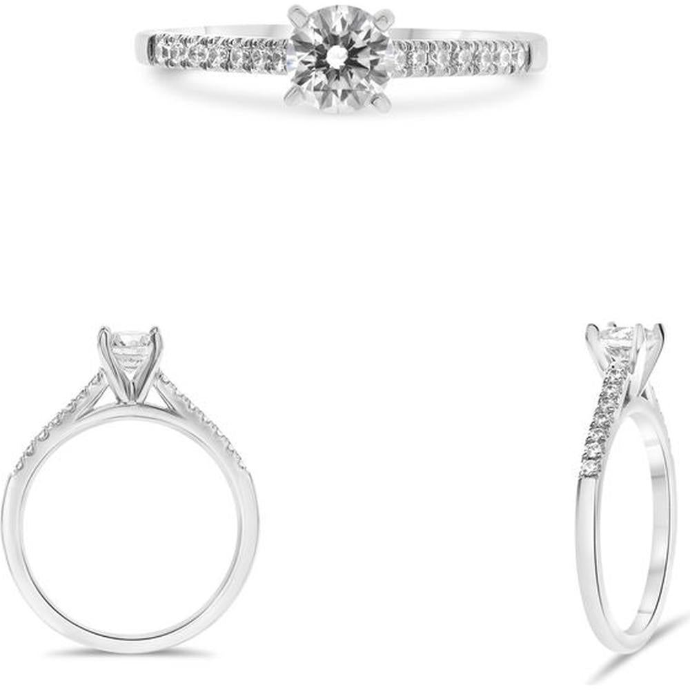 Roman & Jules - 14K White Gold Four-Prong Engagement Setting with Round Diamond and Micropavé Accent - 0.14 Carat Total Diamond Weight