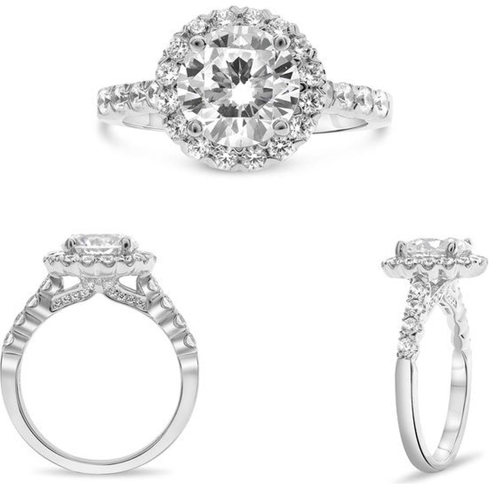 Roman & Jules - 14K White Gold Four Prong Halo Engagement Ring with 0.71 Carat Round Diamond Center and Diamond Halo
