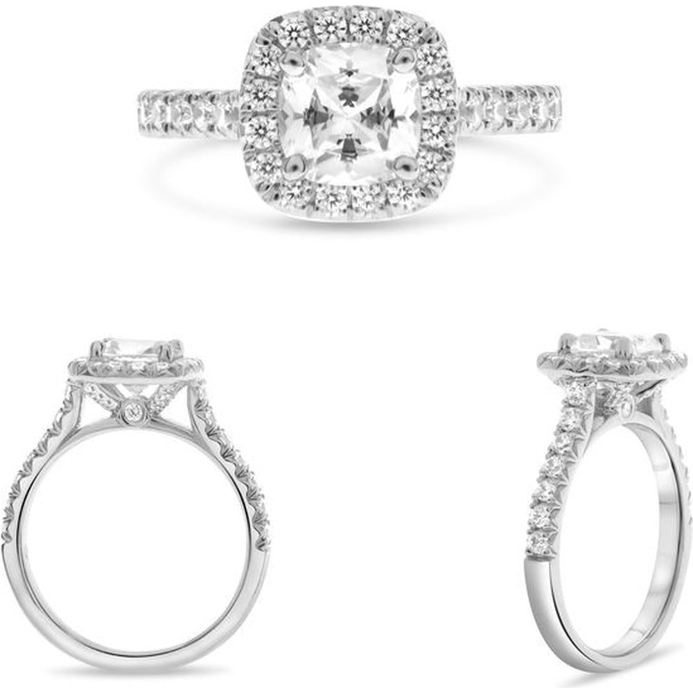 Roman & Jules - 14K White Gold Four Prong Halo Engagement Ring with Cushion Cut Diamond - 0.57 Carat Total Diamond Weight