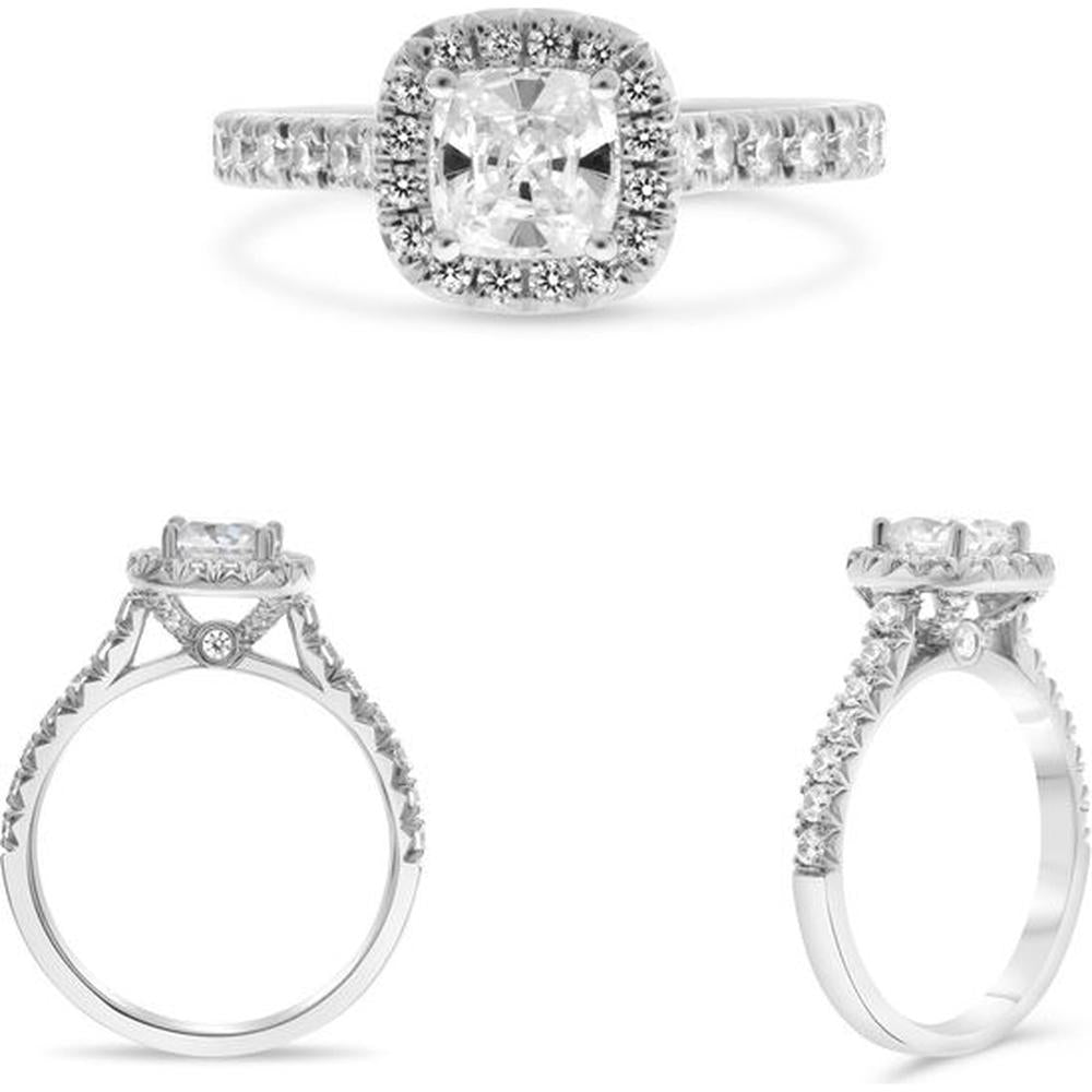 Roman & Jules - 14K White Gold Four Prong Halo Engagement Ring with Cushion-Cut Diamond and Round Diamonds - 0.49 Carat Total Diamond Weight