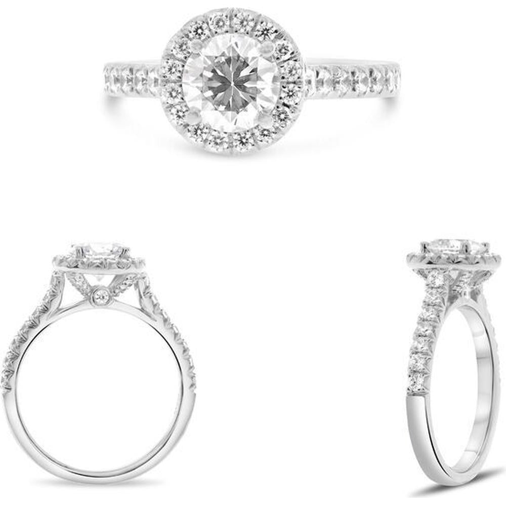 Roman & Jules - 14K White Gold Four Prong Halo Engagement Ring with Round Diamond - 0.50 Carat Total Diamond Weight