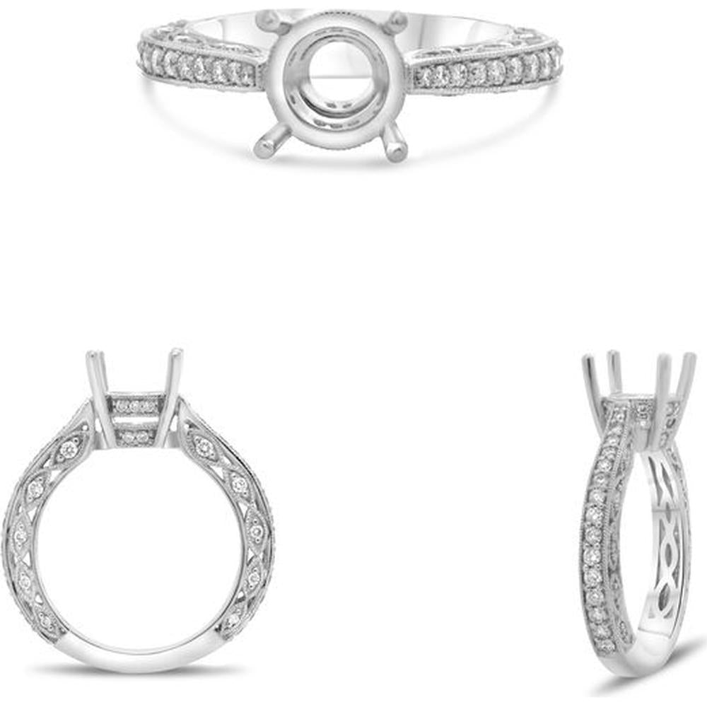 Roman & Jules - 14K White Gold Four Prong Marquise Shank Engagement Ring with 0.58 Carat Round Diamond Center and Hidden Half Halo