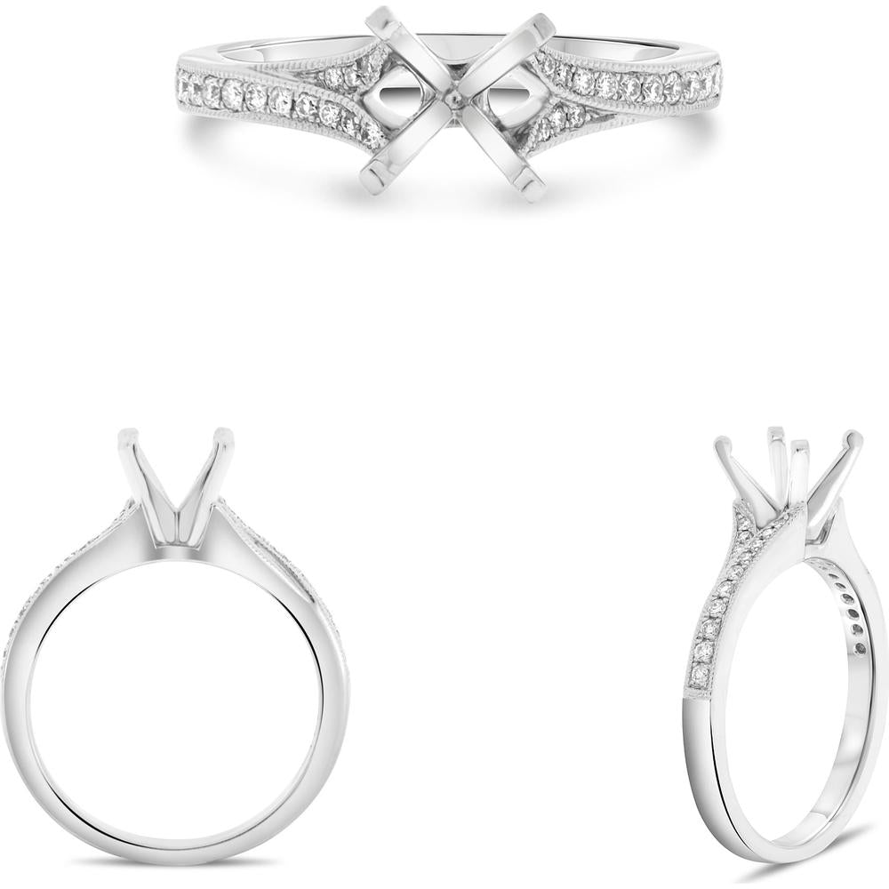 Roman & Jules - 14K White Gold Four Prong Milgrain Shank Engagement Setting with 0.13 Carat Total Round Diamonds