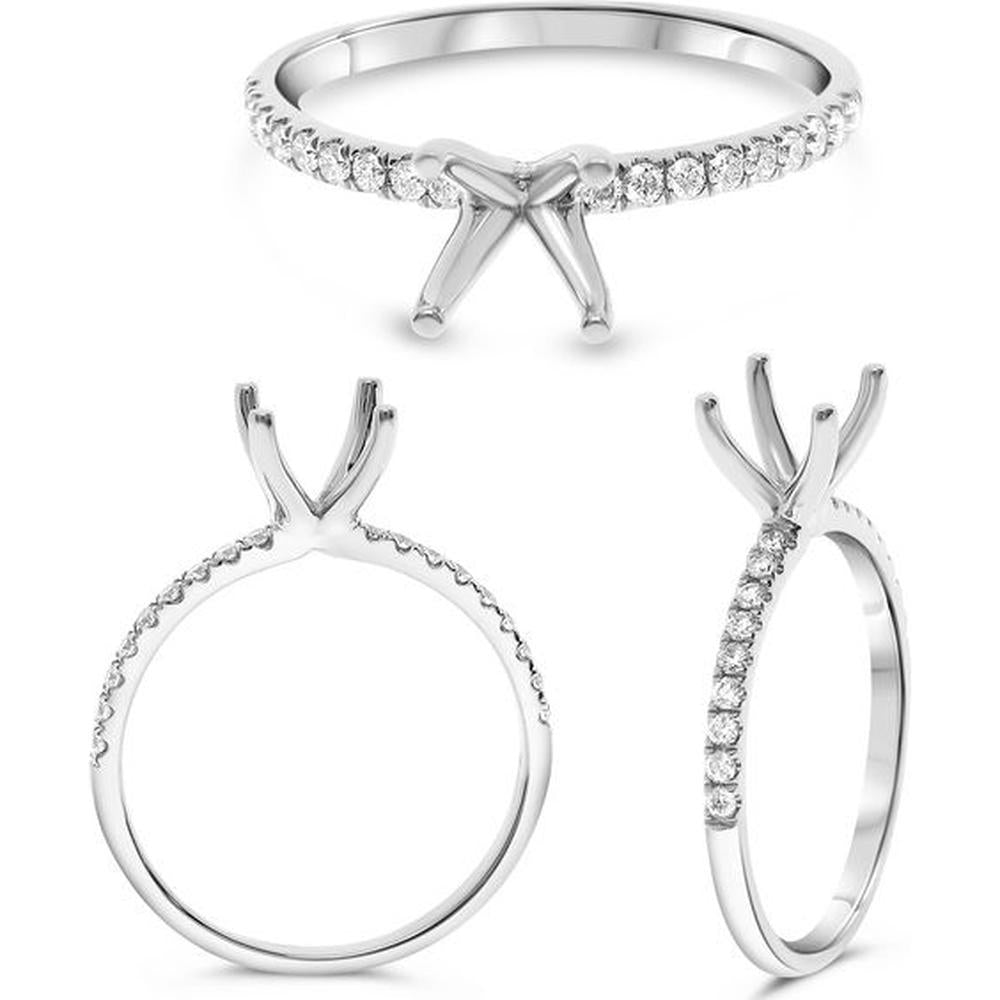 Roman & Jules - 14K White Gold Four Prong Semi Mount Ring with Pave Set Diamonds - 0.17 Carat Total Diamond Weight