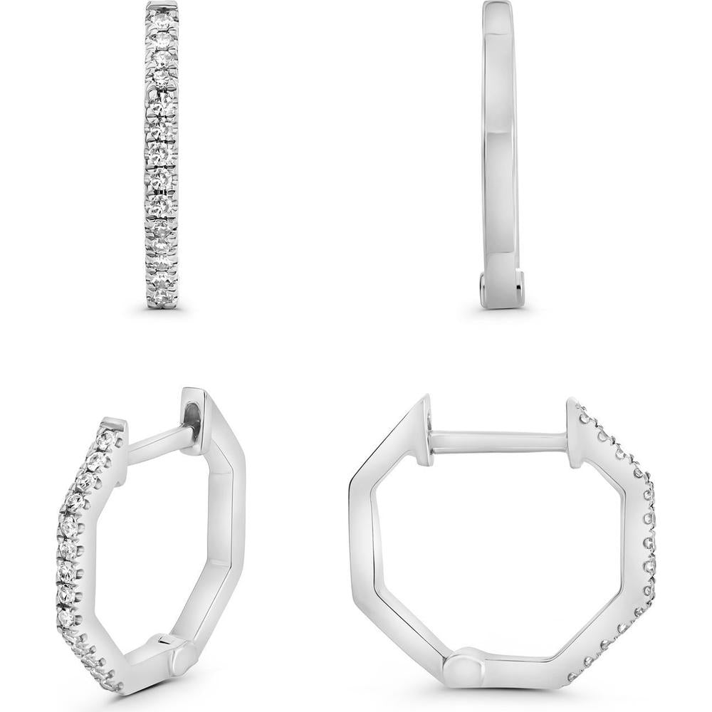 Roman & Jules - 14K White Gold Geometric Hoop Earrings with Round Diamonds - 0.18 Carat Total Diamond Weight