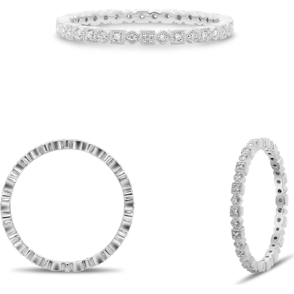 Roman & Jules - 14K White Gold Geometric Milgrain Eternity Band with Round Diamonds - 0.06 Carat Total Diamond Weight
