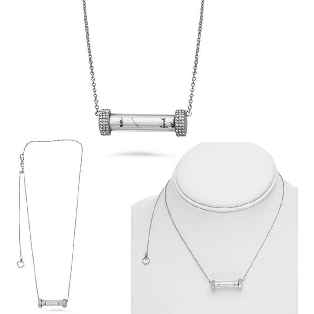 Roman & Jules - 14K White Gold Glass Tube Necklace with 0.30 Carat Round Diamonds and Ten Commandments Scroll