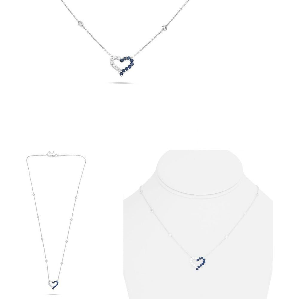 Roman & Jules - 14K White Gold Half and Half Sapphire and Diamond Heart Necklace - 0.62 Carat Total Diamond Weight, 0.49 Carat Total Sapphire Weight