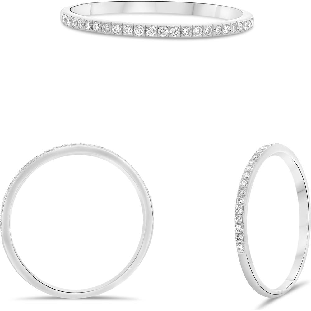 Roman & Jules - 14K White Gold Half Pave Band with Round Diamonds - 0.12 Carat Total Diamond Weight