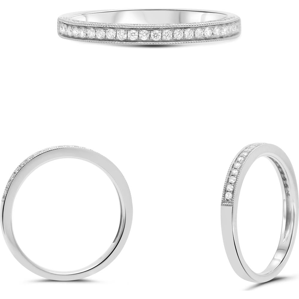Roman & Jules - 14K White Gold Half Pave Milgrain Band with Round Diamonds - 0.20 Carat Total Diamond Weight