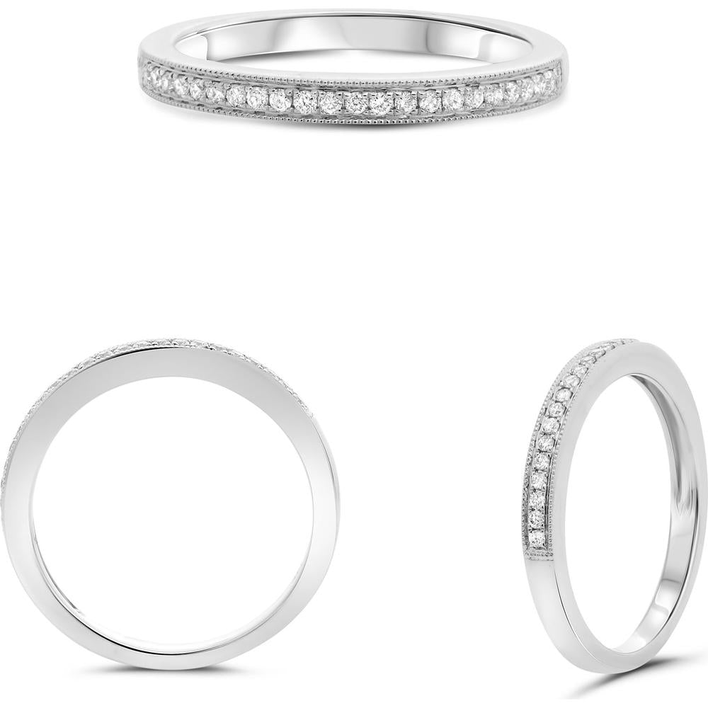 Roman & Jules - 14K White Gold Half Pave Milgrain Diamond Band with Round Cut Diamonds - 0.11 Carat Total Diamond Weight