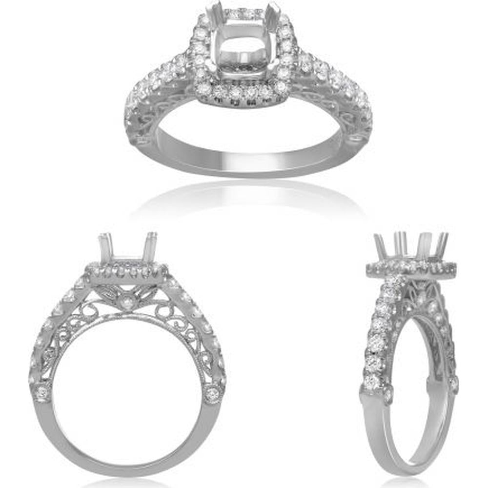 Roman & Jules - 14K White Gold Halo Cushion-Cut Diamond Ring with Round Diamonds - 0.67 Carat Total Diamond Weight