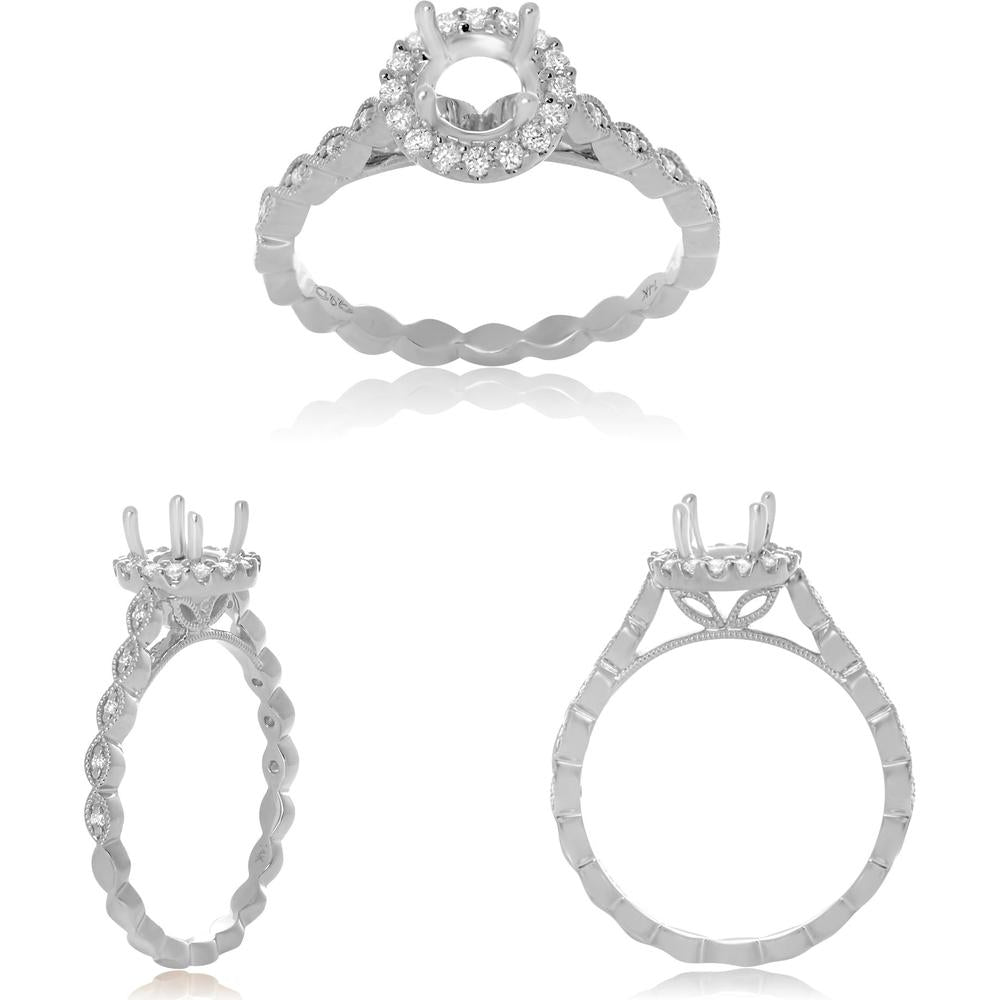 Roman & Jules - 14K White Gold Halo Engagement Ring with 0.18 Carat Round Diamonds and Milgrain Twist Band