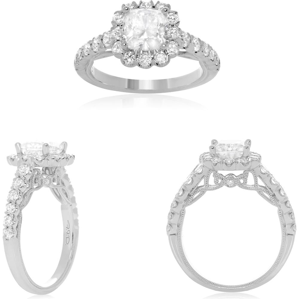 Roman & Jules - 14K White Gold Halo Engagement Ring with 0.90 Carat Total Round Diamond Accents and Two Hearts Detail