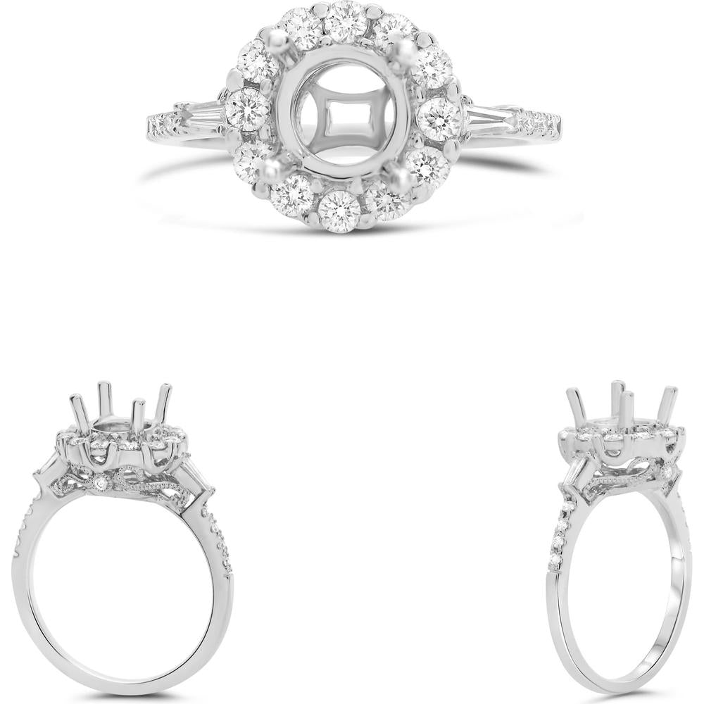 Roman & Jules - 14K White Gold Halo Engagement Ring with Baguette and Round Diamonds - 0.54 Carat Total Diamond Weight