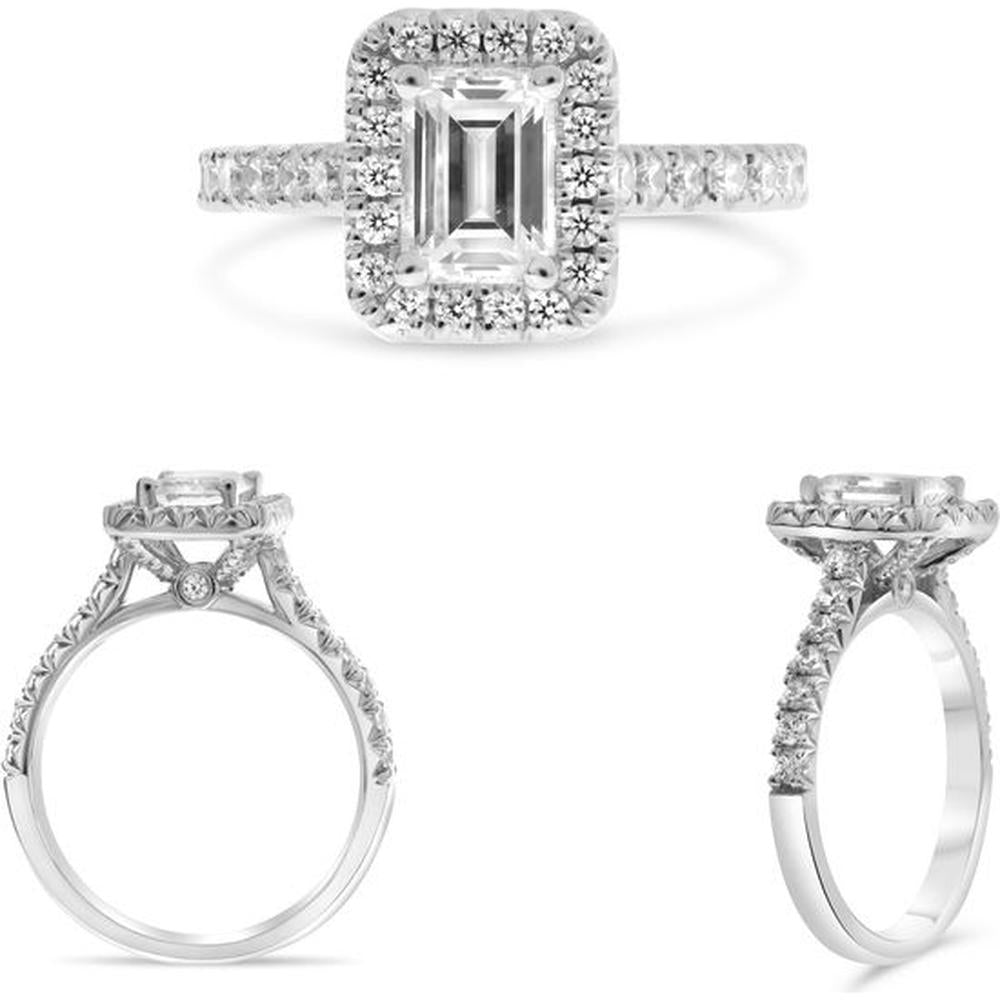 Roman & Jules - 14K White Gold Halo Engagement Ring with Emerald Cut Center Diamond and Round Diamonds - 0.58 Carat Total Diamond Weight