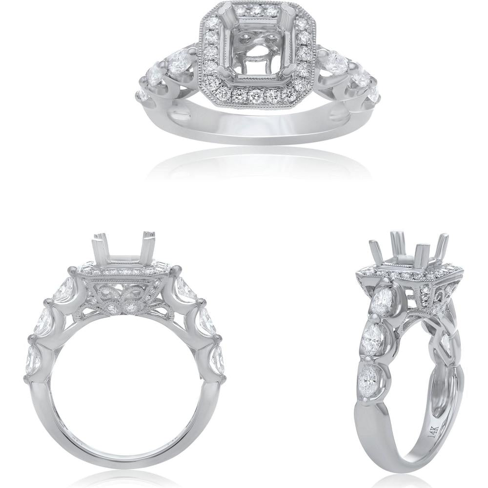 Roman & Jules - 14K White Gold Halo Engagement Ring with Marquise and Round Diamonds - 0.80 Carat Total Diamond Weight