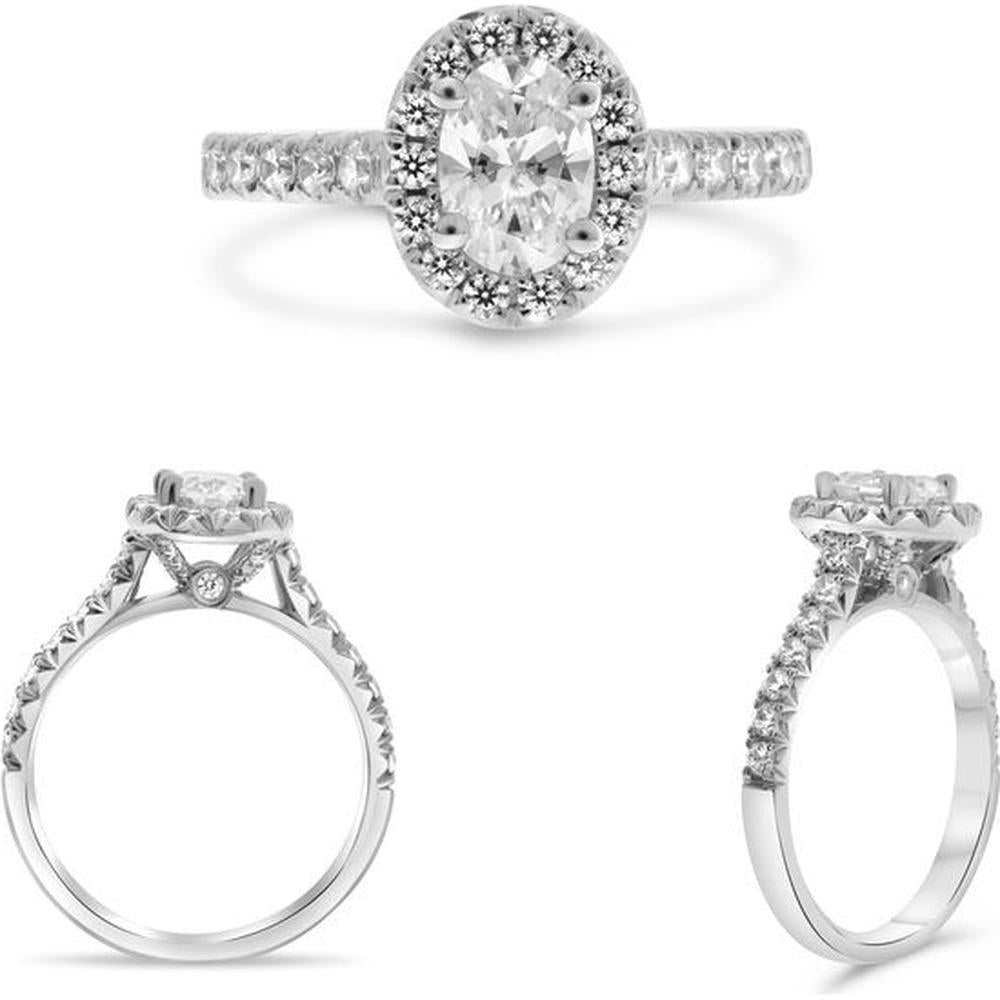 Roman & Jules - 14K White Gold Halo Engagement Ring with Oval Diamond Center - 0.55 Carat Total Diamond Weight