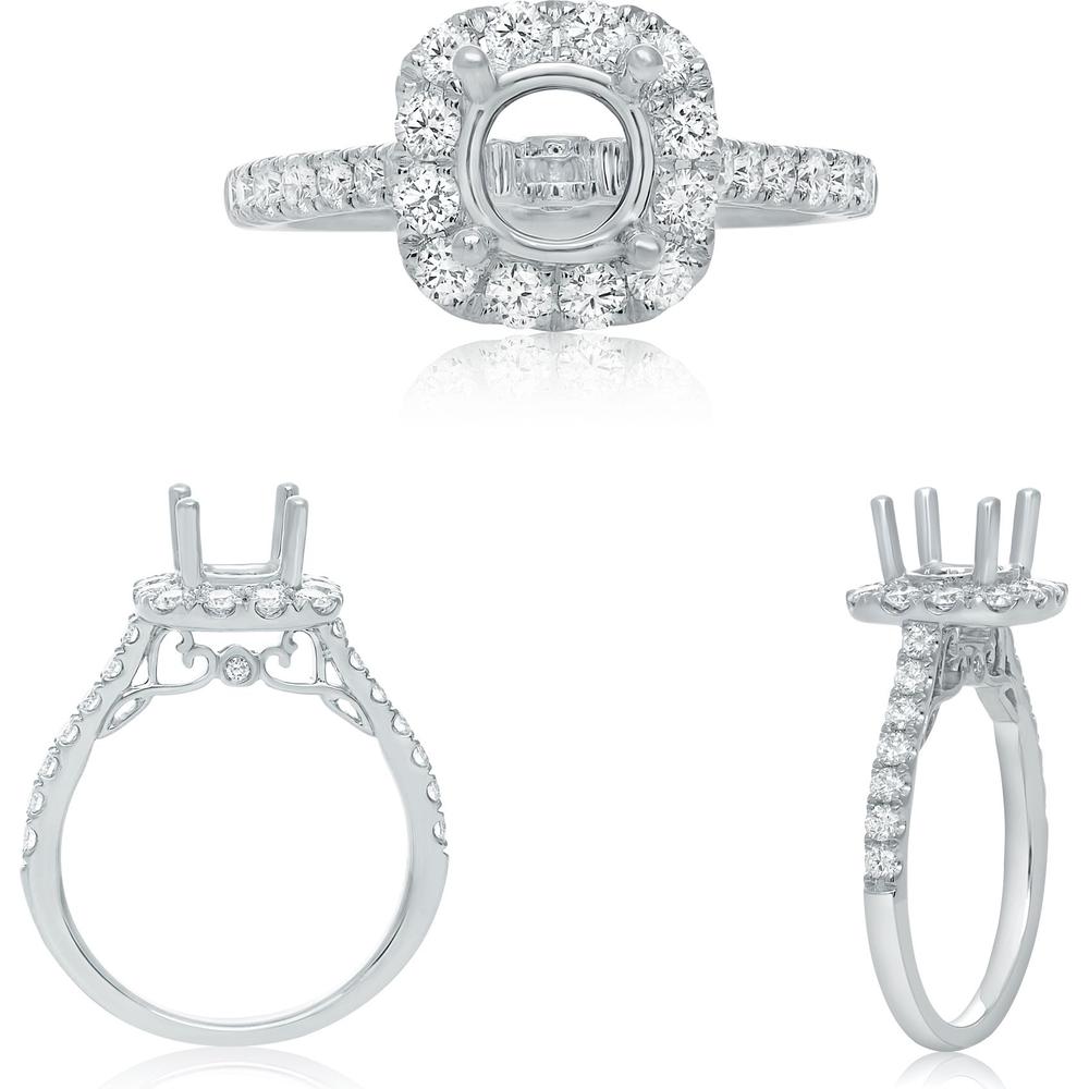 Roman & Jules - 14K White Gold Halo Engagement Ring with Pave Set Round Diamonds - 0.72 Carat Total Diamond Weight
