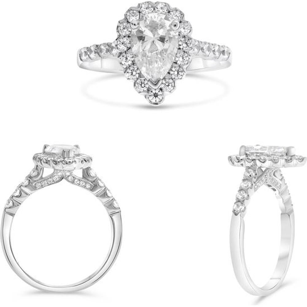 Roman & Jules - 14K White Gold Halo Engagement Ring with Pear-Shaped Diamond - 0.66 Carat Total Diamond Weight