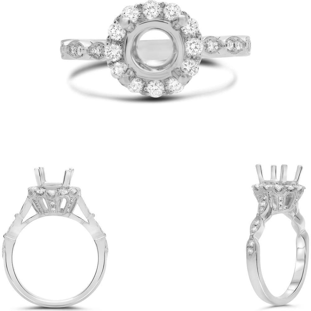 Roman & Jules - 14K White Gold Halo Engagement Ring with Round Diamonds and Milgrain Twist Shank - 0.48 Carat Total Diamond Weight