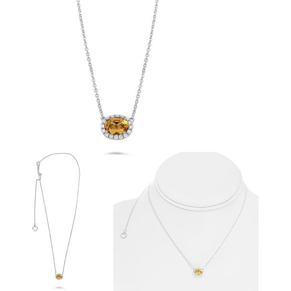 Roman & Jules - 14K White Gold Halo Pendant Necklace with Citrine and Round Diamonds - 0.12 Carat Total Diamond Weight